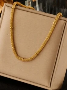 2pcs/Set Minimalist Stainless Steel Round Snake Chain Necklace + Bracelet Set, Random Bead Quantity, Necklace + Bracelet - Necklace + Bracelet - View 2