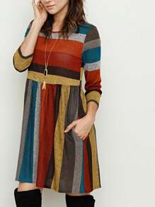Boho Retro 70's 90's Vintage Black Black Olive Mocha Pink Mint Knit Brushed Ruffle Tiered Color Block Stripe Tunic Dress - 酒紅色 - 查看 2