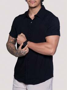 Linen Shirt Short Sleeve Formal Summer Fresh Italian Collar Elegant In Visco-Linen - Black - View 5