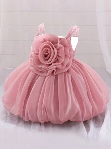 女婴花卉薄纱可爱生日公主裙，适合花童、婚礼、派对、外出等场合，不含头饰 - 藕粉色 - 查看 3