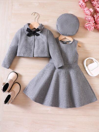 2pcs/Set Young Girl Short Jacket And Jumper Dress Outfit With Bow Beret For Autumn/Winter