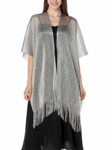 1pc Women's Fashionable Solid Color Loose Cover-Up Shimmering Metallic Net Fringed Kimono Cardigan Tassel-Adorned Party Dress, Semi-Sheer 3/4 Sleeves, Women Swimwear & Festival Wear For Carnival, Music Events, And Holidays Accessories Women