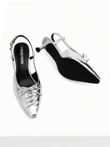 Women's Kitten Heel Pumps Slingback Pointed Toe Fashionable Buckled Vacation Party Wedding Shoes Valentines - 銀色 - 查看 8