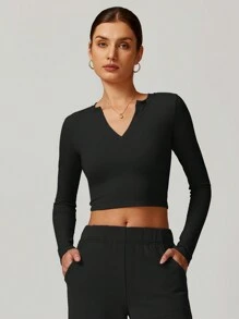 MASKERT Damen eng anliegendes langärmliges V-Ausschnitt kurzes T-Shirt Yoga Langarm Top Lauf Sport T-Shirt Top Slim Fit bequem und hautfreundlich