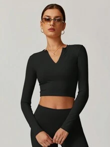 MASKERT Damen eng anliegendes langärmliges V-Ausschnitt kurzes T-Shirt Yoga Langarm Top Lauf Sport T-Shirt Top Slim Fit bequem und hautfreundlich