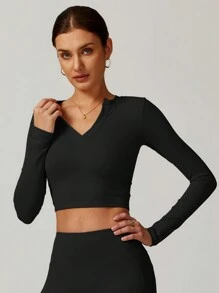 MASKERT Damen eng anliegendes langärmliges V-Ausschnitt kurzes T-Shirt Yoga Langarm Top Lauf Sport T-Shirt Top Slim Fit bequem und hautfreundlich