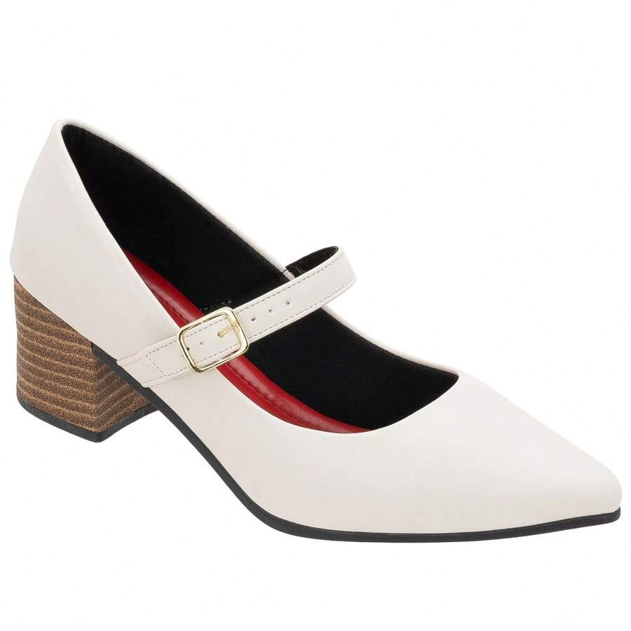 Women's Formal Doll Pumps, Low Thick Heel, Comfortable, Pointed Toe Ref.1161 - trắng - Xem 1
