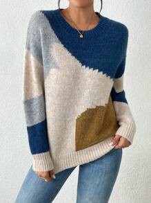 「 Jumpers For Women」Women's Round-Neck Long-Sleeved Asymmetrical Pattern Patchwork Simple Sweater For Daily Casual Wear [Back-To-School Season]