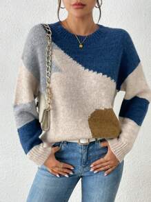 「 Jumpers For Women」Women's Round-Neck Long-Sleeved Asymmetrical Pattern Patchwork Simple Sweater For Daily Casual Wear [Back-To-School Season]