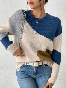 「 Jumpers For Women」Women's Round-Neck Long-Sleeved Asymmetrical Pattern Patchwork Simple Sweater For Daily Casual Wear [Back-To-School Season]