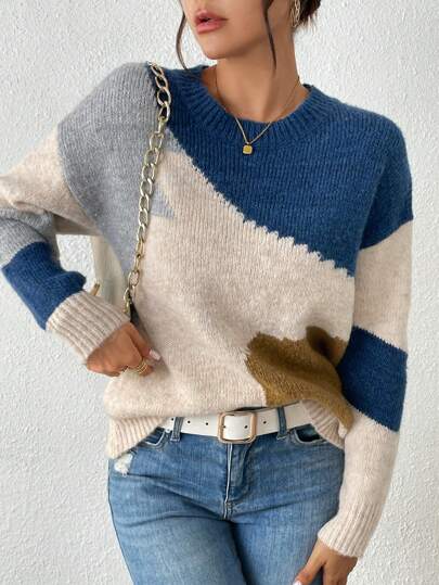 「 Jumpers For Women」Women's Round-Neck Long-Sleeved Asymmetrical Pattern Patchwork Simple Sweater For Daily Casual Wear [Back-To-School Season]