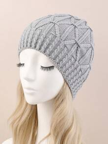 1 件套针织钻石图案休闲复古街头风亚克力嵌花无檐小便帽，单层保暖防风，适合秋冬季骑行 - 淺灰色 - 查看 2