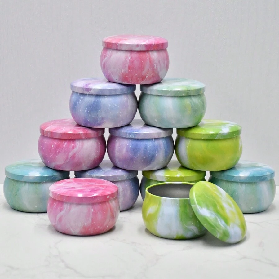 12 包大理石纹蜡烛罐（带盖），2.2 盎司-4 盎司金属储物容器，用于制作蜡烛、铁艺工艺品和糖果罐，多色套装 - 红色、蓝色、绿色