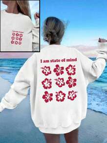Women Letter & Floral Print Crew Neck Casual Long Sleeve Pullover Sweatshirt