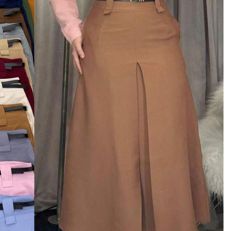 Women's Long Tailored Skirt With Front Detail With Belt And Pocket - Màu nâu  Mocha - Xem 1