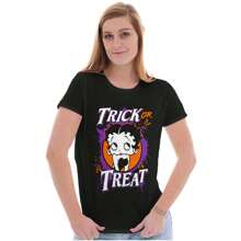 Betty Boop Womens Fitted Graphic Tee Shirt Cute Vintage Retro Cartoon Character Halloween Trick Or Treat Slogan Ladies Casual Slim Fit Fashion Cotton Printed Short Sleeve Crewneck Tshirt Brisco Brands
