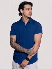 Linen Shirt Short Sleeve Formal Summer Fresh Italian Collar Elegant In Visco-Linen - Blue - View 2