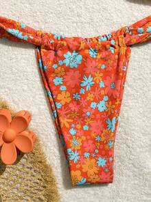 PEPPERMOLLY 全新印花柔软抹胸露背系带比基尼，女士夏季沙滩泳装 - 橘色 - 查看 4