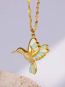 1 件可爱彩色小鸟项链女士金色不锈钢浪漫心形草吊坠项链婚礼珠宝礼物新品 - 金黃色 - 查看 11