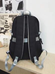 1 peça Mochila de nylon preta casual estilo universitário com letras desenho animado pentagrama com vários bolsos grande capacidade dobrável resistente à água fivela com aba zíper, adequada para adolescentes escola diária/treinamento, mulheres deslocamento diário/passeios/compras/viagens, presente de estudante para volta às aulas/temporada de formatura - Preto - Ver 8