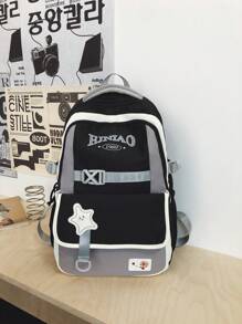 1 peça Mochila de nylon preta casual estilo universitário com letras desenho animado pentagrama com vários bolsos grande capacidade dobrável resistente à água fivela com aba zíper, adequada para adolescentes escola diária/treinamento, mulheres deslocamento diário/passeios/compras/viagens, presente de estudante para volta às aulas/temporada de formatura - Preto - Ver 5