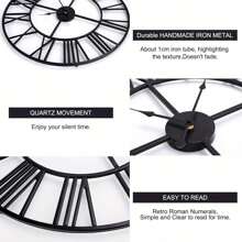 Vintage Large Wall Clock 60CM Vintage Black Round Metal Silent Non Ticking Battery Operated Clock Skeleton Roman Numerals Hanging Clock For Living Room Bedroom Kitchen - Black - View 5