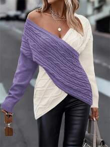 大码纯色拼接长袖简约扭绳套头毛衣，适合秋冬季休闲穿着，优雅情人节女装