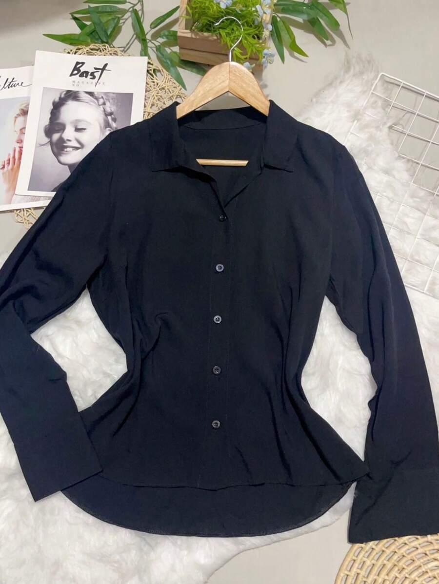 Women's Solid Button Down Shirt - màu đen mới - Xem 1