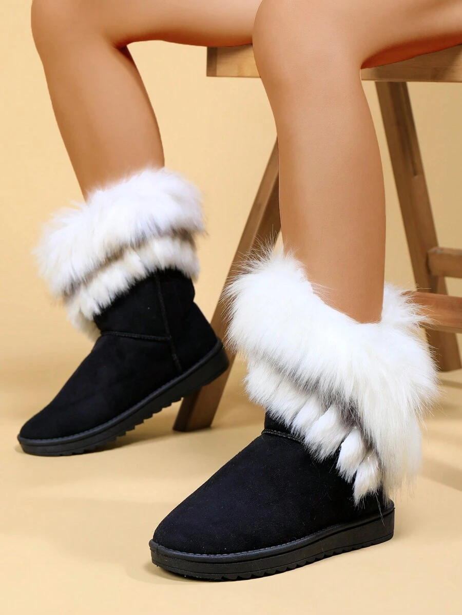 女士蓬松饰边中筒雪地靴，户外时尚保暖靴，适合秋冬季 - 黑色 - 查看 1