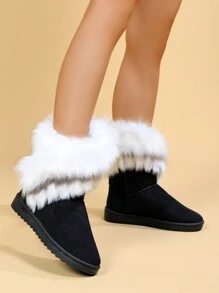 女士蓬松饰边中筒雪地靴，户外时尚保暖靴，适合秋冬季 - 黑色 - 查看 4