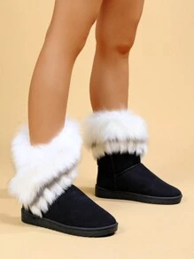 女士蓬松饰边中筒雪地靴，户外时尚保暖靴，适合秋冬季 - 黑色 - 查看 5