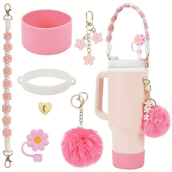 Conjunto de acessórios para copos compatível com Cup 30 Oz 40 Oz Inclui 1 alça para garrafa de água, 1 capa de canudo de silicone, 1 capa de silicone para copo, 2 acessórios de pingentes
