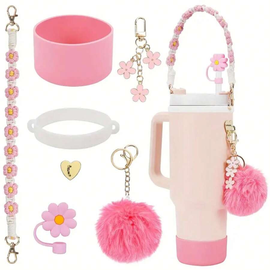 Cup Accessories Set Compatible With Stanley Cup 30 Oz 40 Oz Include 1 Pc Water Bottle Handle Strap 1 Pc Silicone Straw Cover 1 Pc Silicone Cup Boot 2 Pcs Charms Accessories