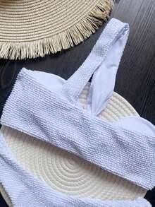 Women Ribbed Solid Color Asymmetrical Neck Bikini Top And Bottom Swimwear, For Summer Beach Vacation - White - View 3