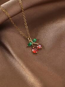 1pc Colorful Zirconia Encrusted Fruit Design Pendant Necklace, Stylish And Cute For Young Girls, Dainty Clavicle Chain