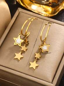 1 对 INS 小众复古奢华百搭不对称高端心形与星形流苏 C 形双层五角星耳环，钛钢 18K 镀金贝壳耳钉，适合生日、情人节礼物、商务演示、日常佩戴 - 金色 - 查看 8