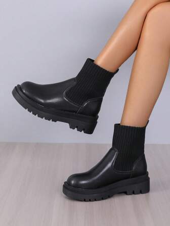 女士踝靴和短靴，松紧带厚底靴，黑色、米色、卡其色、棕色，时尚秋冬季一脚蹬靴