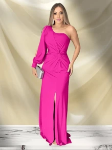 Long Dress With Sleeves For Bridesmaid Wedding Graduation Light Party - Hot Pink - View 2