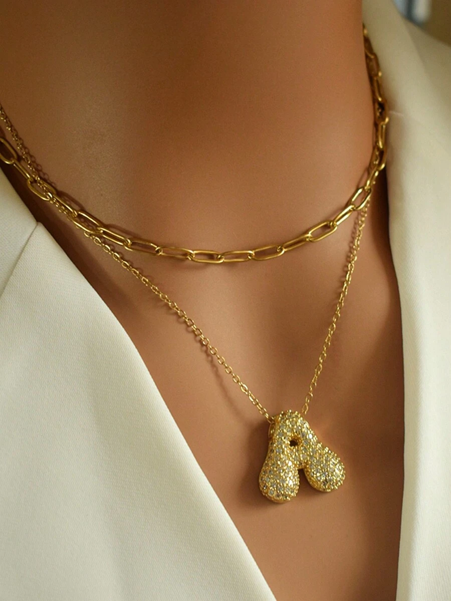 MECYLIFE 1 件独特粗 3D 字母吊坠不对称链项链，不锈钢蛇链，时尚女士设计 - 雙層鑽字母 - 查看 1