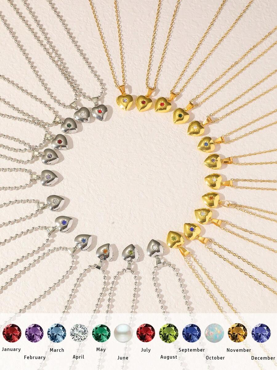 1 件时尚简约诞生石心形小盒吊坠项链不锈钢链心形吊坠项链纪念品相框吊坠情人节礼物 - heart locket necklace - 查看 1