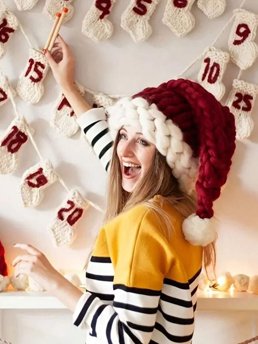 舒适针织圣诞老人帽 - 节日派对和礼物的完美之选 | 柔软涤纶材质，弹性贴合，纯色设计，圣诞装饰，生日圣诞装饰，冬季房间装饰，家居圣诞装饰，圣诞礼物 - 酒紅色 - 查看 1