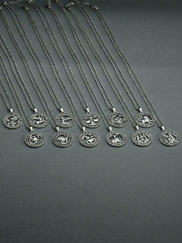 1pc Men's Pendant Necklace, Vintage Greek Mythology 12 Zodiac Sign Theme, Retro Pendant Plate, Fashion Jewelry For Boys, Lucky Zodiac Constellation Necklace, Suitable For Party, Gathering, Gift, Daily Wear, Good Luck Outfit