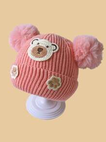 1pc Baby Knitted Hat With Ear Protection, Cute Bear Design, Pompom Decor, Brimless, Unisex, Warm For Autumn & Winter