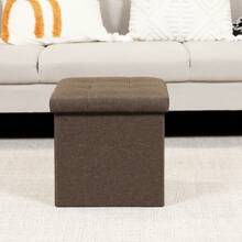 Bonlife Grey Folding Linen Fabric Ottoman Storage Boxes With Lids,32cm Cube Small Footstool Seat Reat Toy Box Storage Chest For Living Room Back To School Dormitory Storage