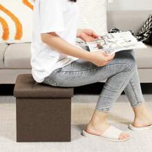 Bonlife Grey Folding Linen Fabric Ottoman Storage Boxes With Lids,32cm Cube Small Footstool Seat Reat Toy Box Storage Chest For Living Room Back To School Dormitory Storage