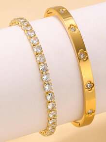 Fashionable Stainless Steel Star Pattern Bracelet With Zirconia, Adjustable Size, Suitable For Women Daily Wear - Yellow Gold - View 1