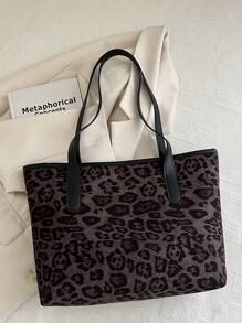 1 件咖啡色拉链豹纹大容量简约百搭铆钉女式手提包，豹纹猎豹包，豹纹回归，动物印花女包