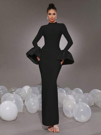 Women's New Solid Color Sexy Bell Sleeve Mock Neck Bodycon Long Bandage Dress, Wedding, Festival Party, Banquet Formal Gown, Eid Al-Fitr,Evening,Wedding Guest
