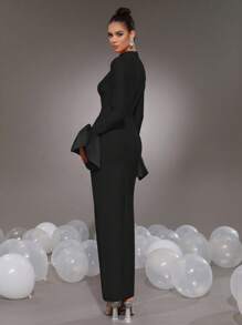 女士新款纯色性感喇叭袖高领紧身长款绷带连衣裙，婚礼、节日派对、宴会礼服，开斋节、晚会、婚礼宾客