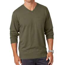 Runcati Men's Long Sleeve V-Neck Tee Shirt Tops With Pocket - xanh quân đội - Xem 1